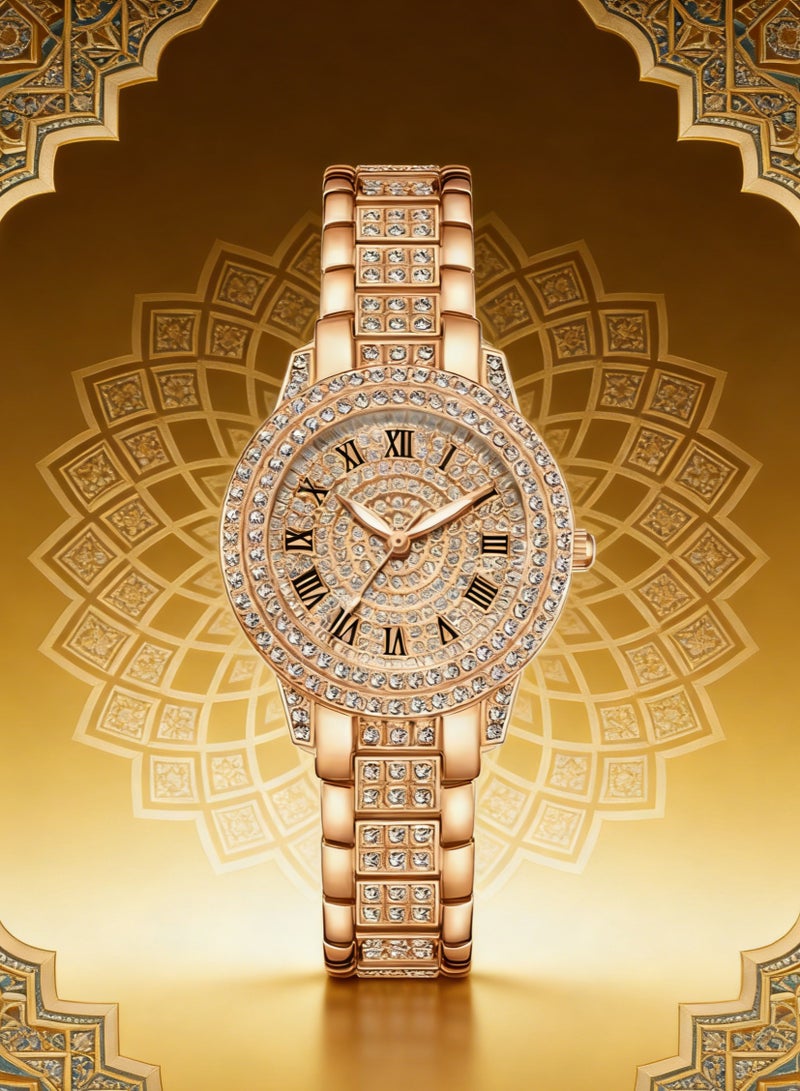 Women's Rose Gold Diamond Watch - Full Pavé Dial with Roman Numerals, 32mm Luxury Bracelet Watch for Women - Image 1